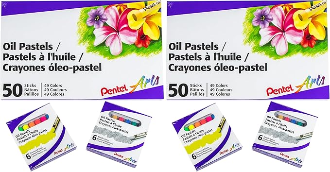 Pentel Arts Oil Pastels - 50 Color Set with Metallic and Fluorescent Packs, 3pk Set (Pack of 2)