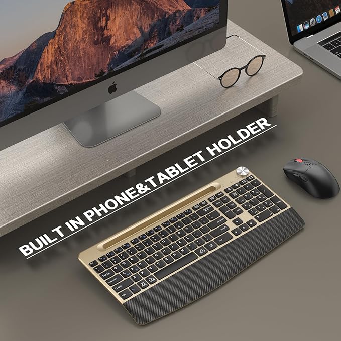 Ergonomic Wireless Keyboard and Mouse with Wrist Rest,Phone Holder - 2.4GHz Full-Sized Low-Profile Quiet Gold Wireless Mouse and Keyboard Combo for Computer, Laptop, PC, Mac-Gold