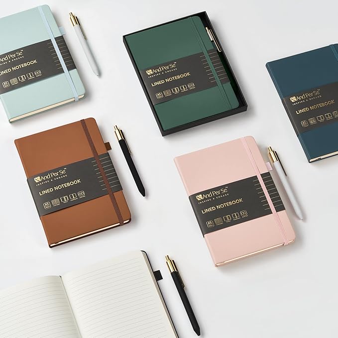 &And Per Se Lined Journal and Pen Set, A5 Leather Journal Stationery Set, 160 Pages 100GSM Thick Paper, Notebook Gift Set (Cyan)