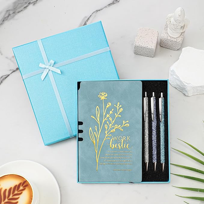 5 Pcs Work Besties Gifts for Women Set Leather Journal Ballpoint Pens with Box Thank You Appreciation Gift for Thanksgiving Christmas Birthday Work Bestie Gifts Coworker Friend (Blue)