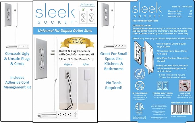Sleek Socket Original & Patented Flat Ultra-Thin Outlet Concealer with Extension Cord Kit, Multi Outlets Power Strip, Ideal for Home Improvement, Hide Bulky and Messy Cords, 3ft
