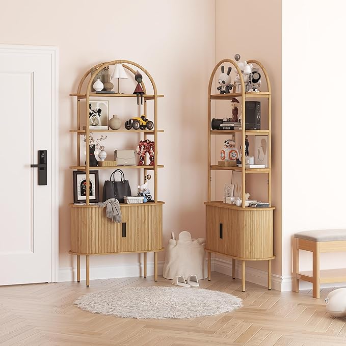 71" Tall Fluted Arched Bookshelf with Sliding Tambour Doors, Mid Century Modern Metal Curved Bookshelf Cabinet with Storage, 4-Tier Open Display Storage Shelf for Home Office, Living Room (Natural)