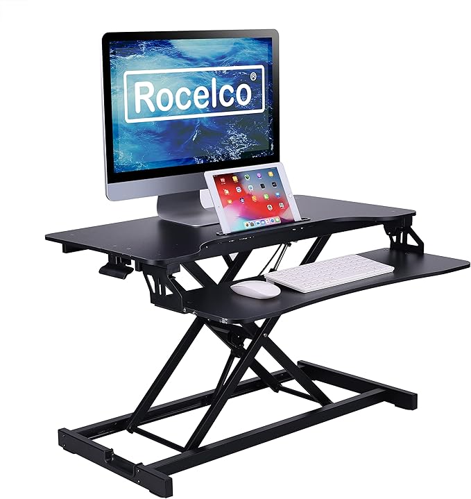 Rocelco Standing Desk Converter with Dual Monitor Mount - 31.5 Inch Sit Stand Up Tabletop Riser with Tablet Holder, Height Adjustable Workstation - Deep Keyboard Tray for Laptop - Black (R VADRB-DM2)
