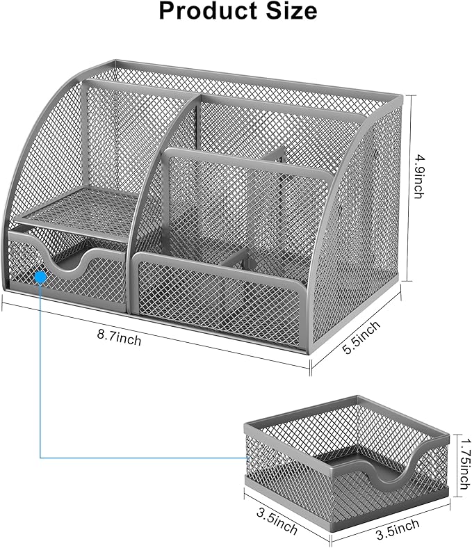 EasyPAG Mesh Desk Organizer with Drawer Multi-functional Pen Holder Stationery Organizer for Office School Supplies 6 Compartments Dorm Organizers and Storage for Desk, Silver
