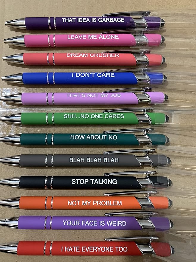 PASISIBICK 12 Pieces Funny Sarcastic Ballpoint Pens, Office Snarky Touch Screen Stylus Pen Encouraging, Black Ink (12 Color,Negative)