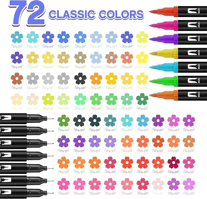 Coloring Markers Dual Brush Tip - 72 Colors Watercolor Fine Point Art Marker - Double Sided Colored Pen for Adult Kids Artist Drawing Painting Calligraphy Journaling Lettering - Perfect School Supply