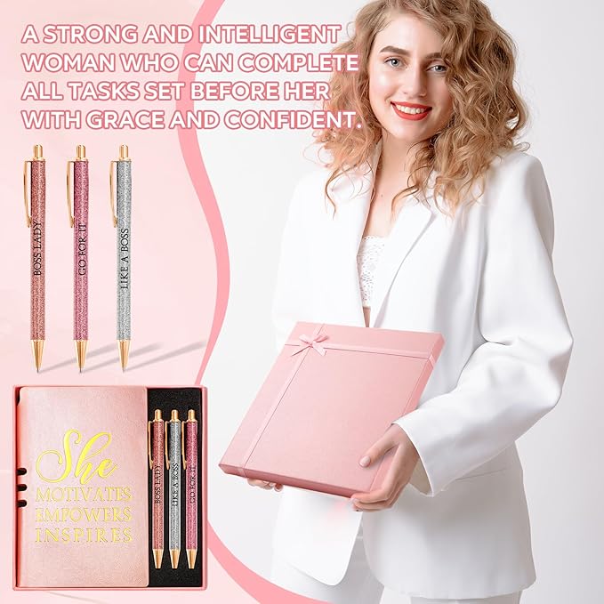 5 Pcs Boss Gifts for Women Set Leather Journal Ballpoint Pens with Box Thank You Employee Appreciation Thanksgiving Christmas Gifts for Female Leader Birthday Bestie Coworker (Pink)