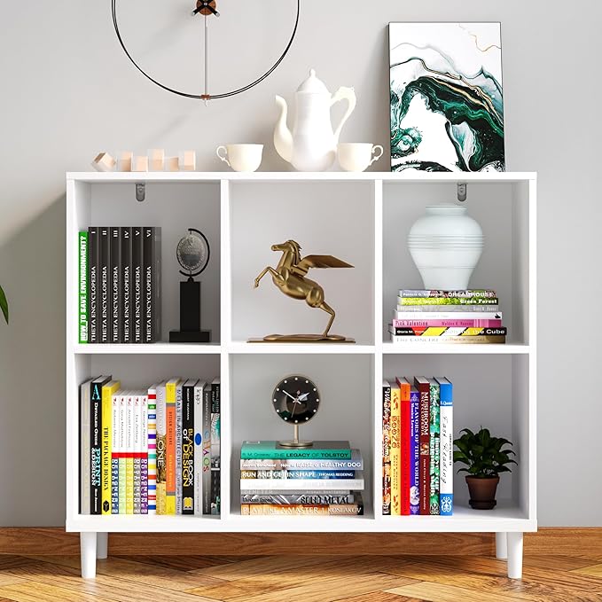 Wood Cube Storage Organizer White Bookshelf - 2-Tier Freestanding Storage Cabinet with Legs for Home Office, 6-Cubes Open Shelf