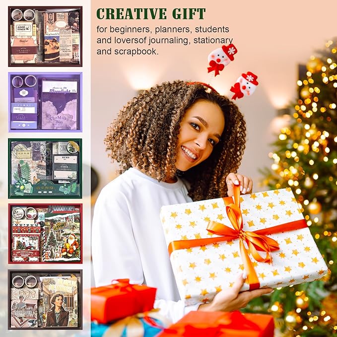 Christmas Scrapbooking Supplies Kit: New Year Festival Scrapbook Kit, Vintage Junk Journal Supplies with Aesthetic Scrapbook Stickers, Journaling Supplies, Craft Christma Gift for Teen Girl Kid Women