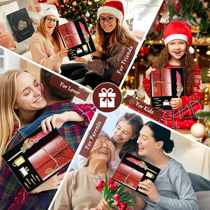 Feather Quill Pen and Ink Set,Antique Calligraphy Set with Leather Journal Notebook,Feather Pen,5 Gold Nibs,Pen Holder,Ink,Calligraphy Kits for Beginners Christmas Gift