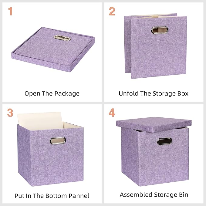Storage Bins with Lids, Collapsible Linen Fabric Boxes Organizer Containers with Lid Foldable Storage Box Basket for Closet, Shelves, Home, Office, 12 x 12 x 12.4 Inch, 4 Pack, Purple