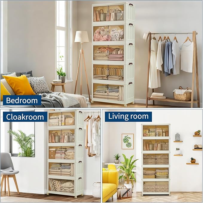 Garvee 475QT Stackable Storage Bins, Plastic Bins for Storage with Lids, Plastic Storages Drawers with Magnetic Doors & Wheels, Foldable Collapsible Closet Organizers for Home, Dorm, Office, White