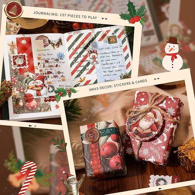 Draupnir Christmas Scrapbooking Supplies Kit,New Year Festival Aesthetic Scrapbook Stickers Kit for Junk Journal,Stationery,Bullet A6 Grid Notebook DIY Scrapbook Craft Christma Gift for Teen Girl Kid
