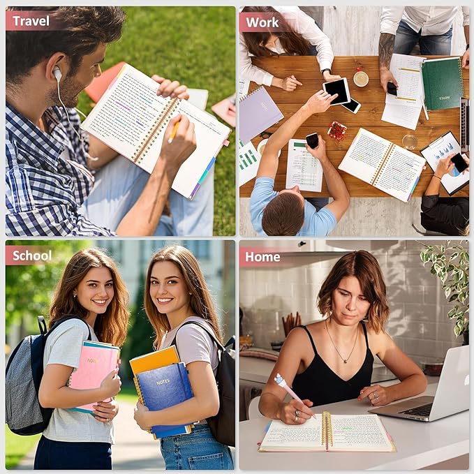 Hardcover Spiral Notebook Journal, 8"x10" Large B5 Notebooks with Removable Dividers Tabs, 300 Pages Leather 5 Subject Notebook College Ruled, Journal for Work School Note, 100 GSM Thick Paper,Pink