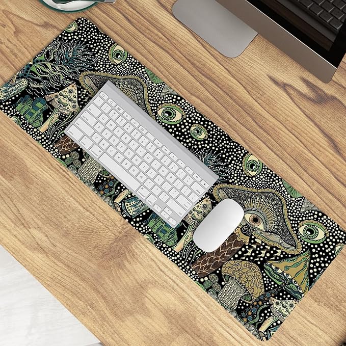 Boho Mushroom Mouse Pad,Dark Green Cottagecore Mushrooms Desk Mat,XL Large Magic Mouse Pads for Dorm Home Office Desktop Decor Art,31.5x11.8 Inch