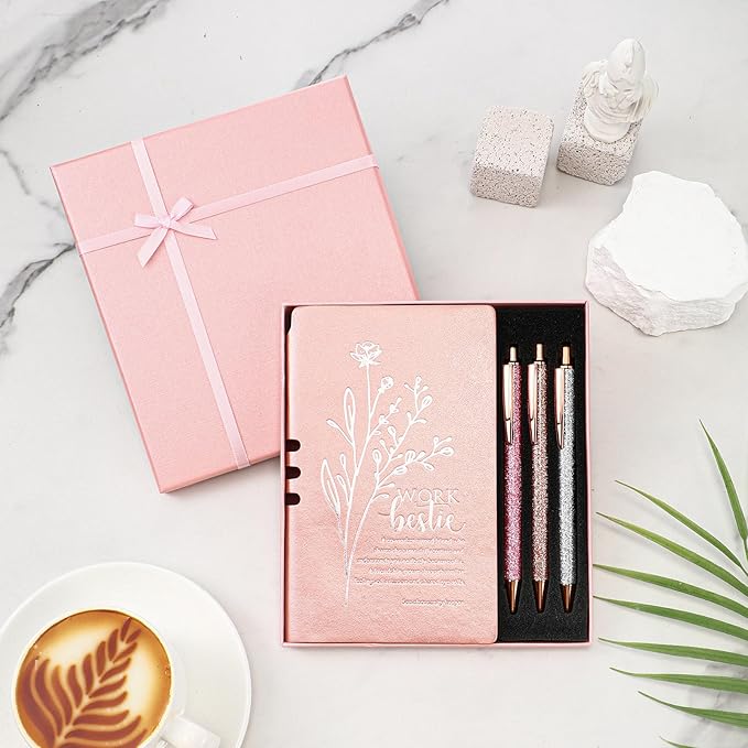 5 Pcs Work Besties Gifts for Women Set Leather Journal Ballpoint Pens with Box Thank You Appreciation Gift for Thanksgiving Christmas Birthday Work Bestie Gifts Coworker Friend (Pink)
