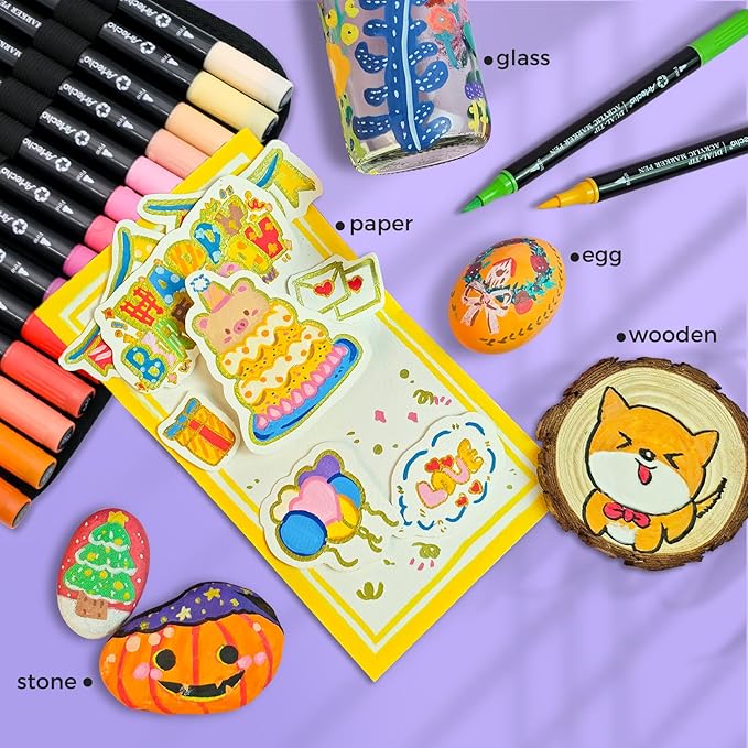 Artecho Acrylic Paint Markers 72 Colors with Bag, Acrylic Paint Pens with Brush Tip and Fine Tip for Stone, Rock Painting, Paper, Pumpkin, Wood, Egg, Canvas, Ceramic, Fabric, leather, Glass