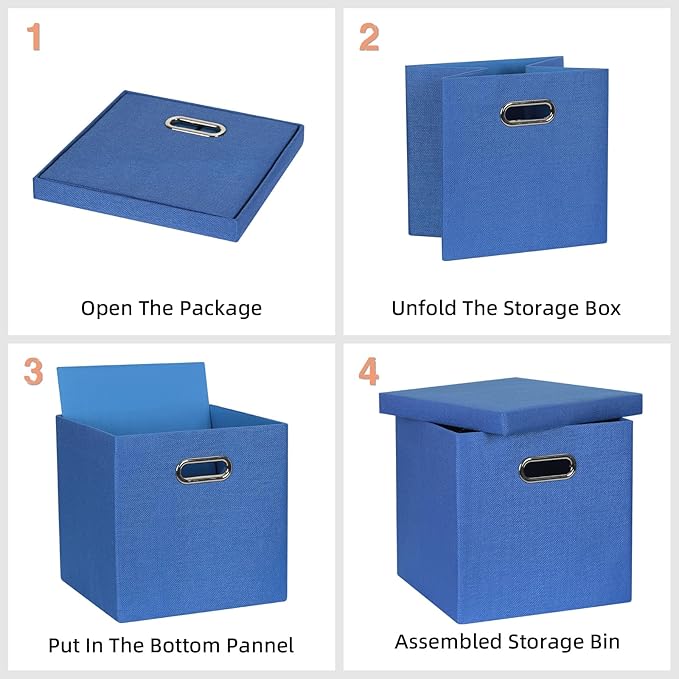 Storage Bins with Lids, Collapsible Linen Fabric Boxes Organizer Containers with Lid Foldable Storage Box Basket for Closet, Shelves, Home, Office, 11 x 11 x 11.4 Inch, 4 Pack, Dark Blue
