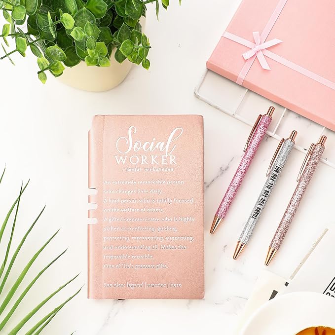 5 Pcs Employee Appreciation Gift Leather Journal Notebook 3 Ballpoint Pens with Box Thank You for Boss Emergency Nurses Medical Assistant Lady Coworker Teacher Social Worker(Pink)