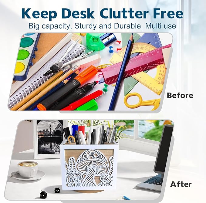 Office Pen Holder for Desk with Mushroom Cutout, Rotating Pen Organizer with 4 Compartments, Wood Pencil Holder Aesthetic Art Supply Organizer for Silverware, Makeup Brushes