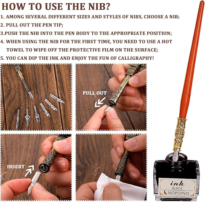 Quill Pen Calligraphy Set, Antique Mechanical Steampunk Style Feather Pen Includes 1 Wooden Dip Pen, 8 Nibs, 1 Bottle of Ink, 1 Letter Opener, 1 Base (Gray)