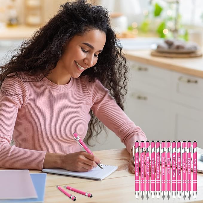 Zonon 12 Pcs Inspirational Pens Bulk Funny Ballpoint Pen with Stylus Tip Motivational Gifts for Christmas Teacher Coworkers Nurse School Office Supplies(Pink,Boss Lady)
