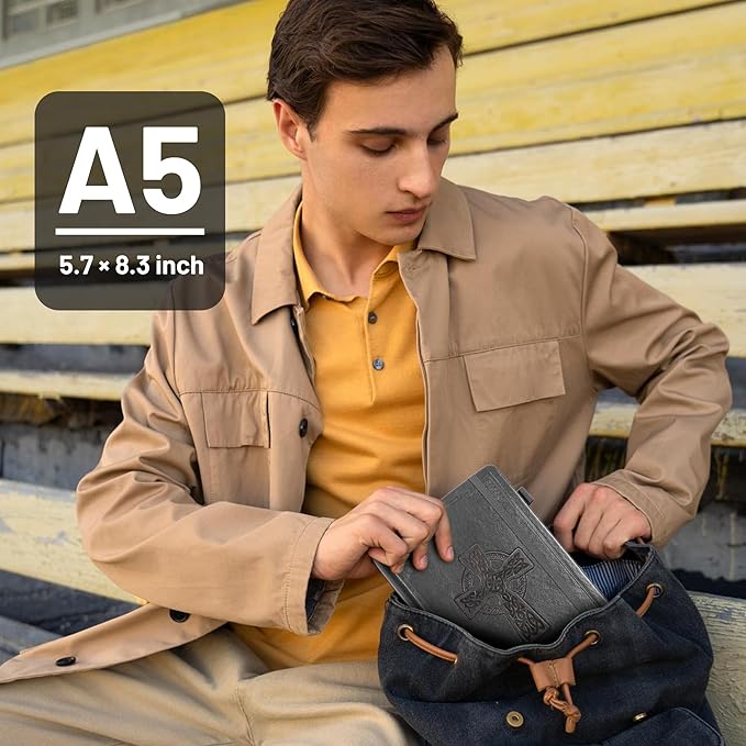 CAGIE Leather Lined Journal Notebook for Men & Women, Debossed Cross, 320 Pages 100 GSM Thick Paper, A5 Hardcover Journaling Notebooks for Writing, 5.7'' X 8.3'' Diary, Grey