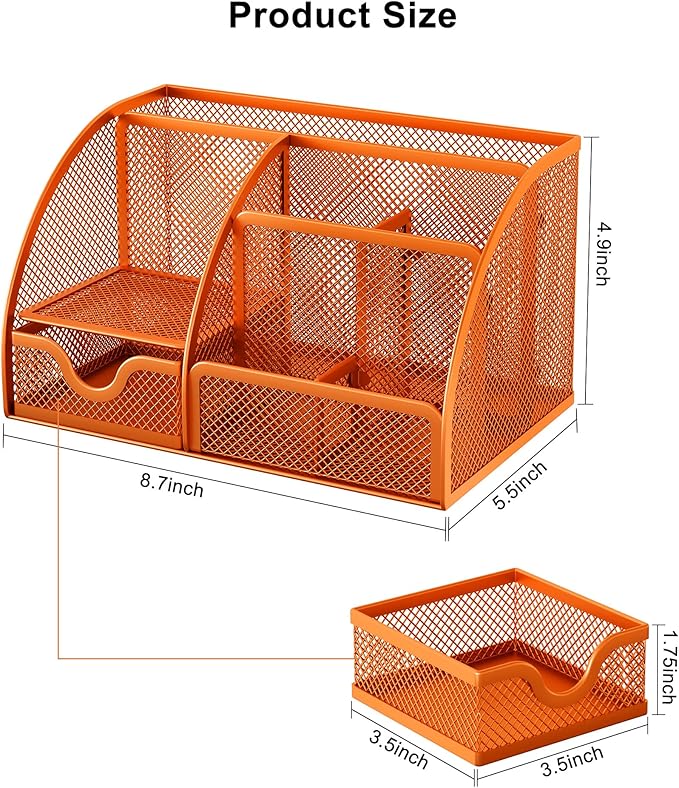EasyPAG Mesh Desk Organizer with Drawer Multi-Functional Pen Holder Stationery Organizer for Office School Supplies 6 Compartments Dorm Organizers and Storage for Desk, Orange