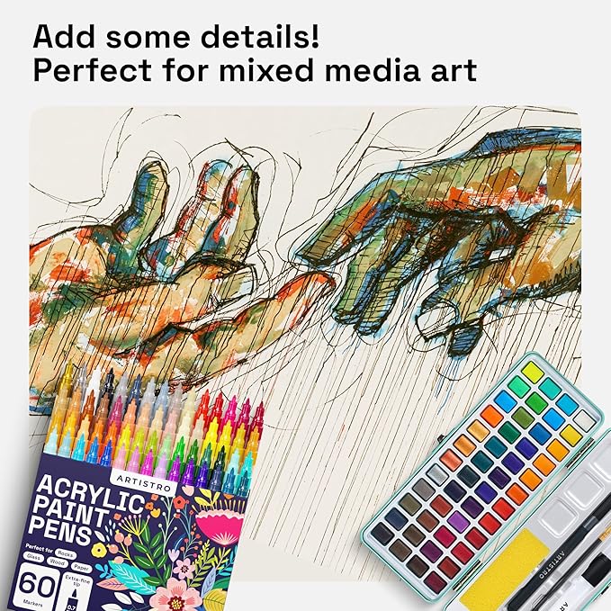 ARTISTRO 60 Acrylic Paint Pens, Art Set Acrylic Paint Markers, Fabric Markers for Textile, Canvas, Rock, Glass, Wood, Paper, Pumpkin, DIY, Paint Markers for Kids and Adults