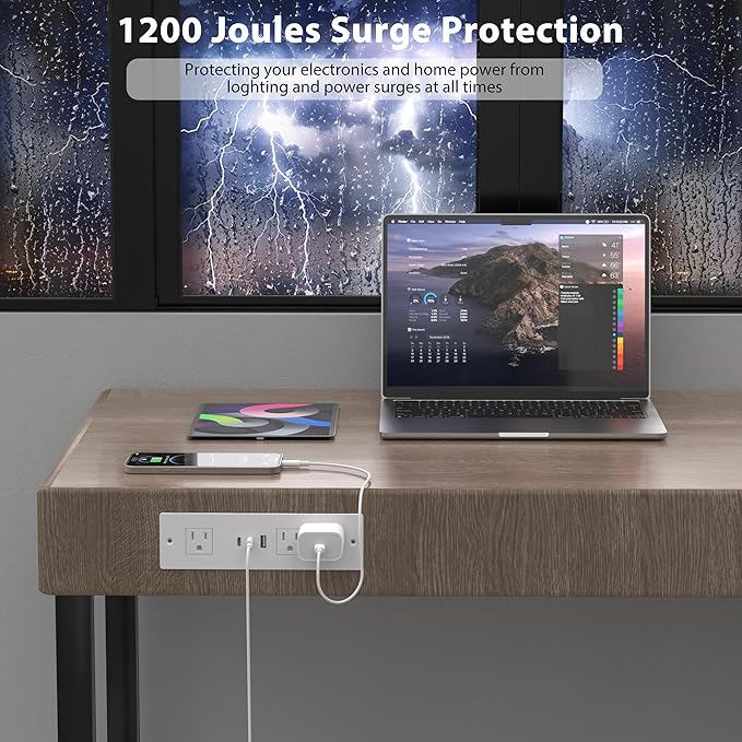 Furniture Drawer Outlet, Recessed Power Strip with (3) PD 20W USB Ports Fast Charging & (3) 15 Amp AC Outlets, (14 AWG) 10 FT White Spring Cord