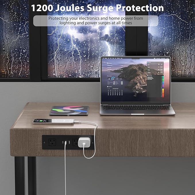 Furniture Drawer Outlet, Recessed Power Strip with (3) PD 20W USB Ports Fast Charging & (3) 15 Amp AC Outlets, (14 AWG) 5 FT Spring Black Cord