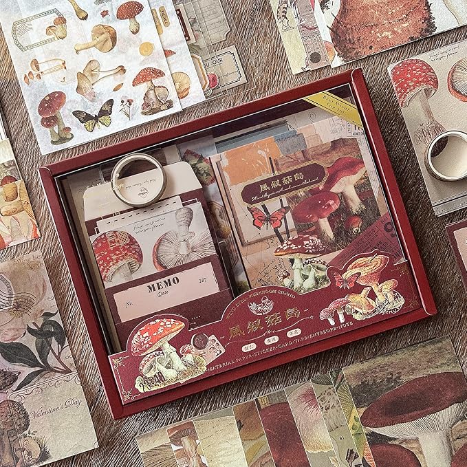 Aromoty Scrapbooking Supplies Kit, Aesthetic Vintage Scrapbook Kit for Bullet Junk Journal A6 Grid Notebook Stationary Journaling Supplies Mushroom DIY Craft Birthday Gifts for Women Kid Teen Girl
