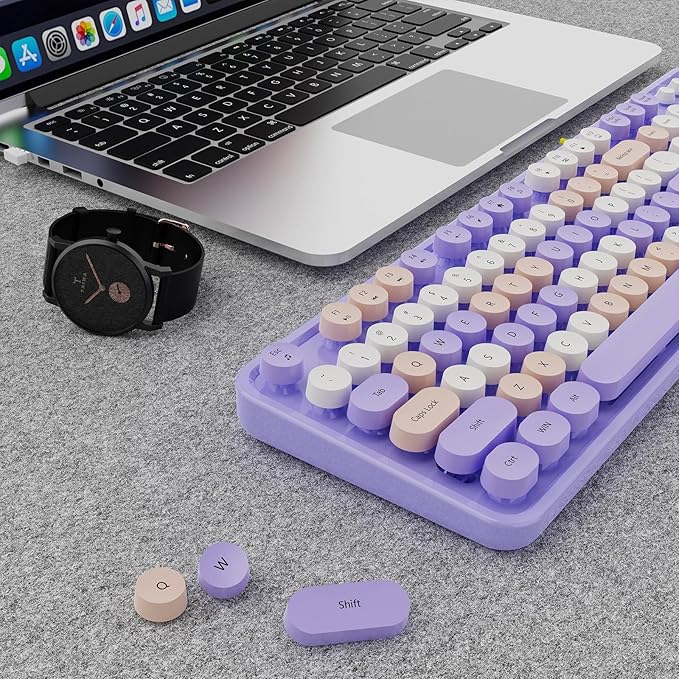 Wireless Keyboard and Mouse Combo, Ergonomic Full Size Typewriter Retro Round Keycaps Keyboard, Compatible with Windows, PC, Perfer for Home and Office Keyboards (Purple