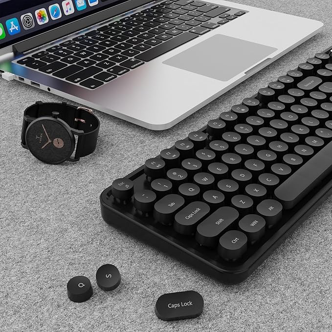 Wireless Keyboard and Mouse Combo, Ergonomic Full Size Typewriter Retro Round Keycaps Keyboard, Compatible with Windows, PC, Perfer for Home and Office Keyboards (Black