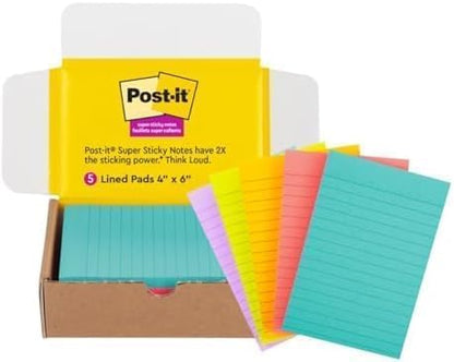Post-it Super Sticky Lined Notes 4x6 | Bright Colors | Double Sticking Power | 90 Sheets per Pad | 5 Pads, Pack of 8
