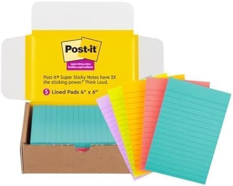 Post-it Super Sticky Lined Notes 4x6 | Bright Colors | Double Sticking Power | 90 Sheets per Pad | 5 Pads, Pack of 8