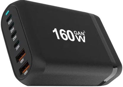 Famous TECH Shop 160W GaN PD 3.0 QC 3.0 USB C Fast Charger: 6 Port Super Fast Charging Hub | 4 USB-C + 2 USB-A Power Delivery Desktop Charger for Laptop, MacBook, iPhone 15, iPad, Samsung, Tablet
