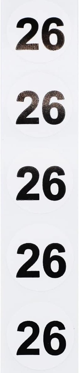 White with Black Number 26 Circle Dot Stickers, 3/4 Inch Round, 500 Labels on a Roll