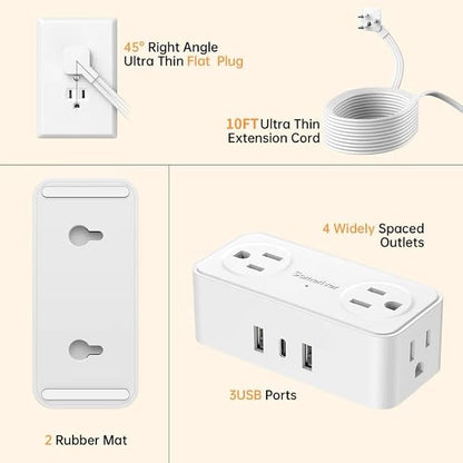 10Ft Power Strip with Surge Protector, 4 Outlets 3 USB Ports Extension Cord, Flat Plug Charging Station for Home Office Desk & College Dorm Essentials, White