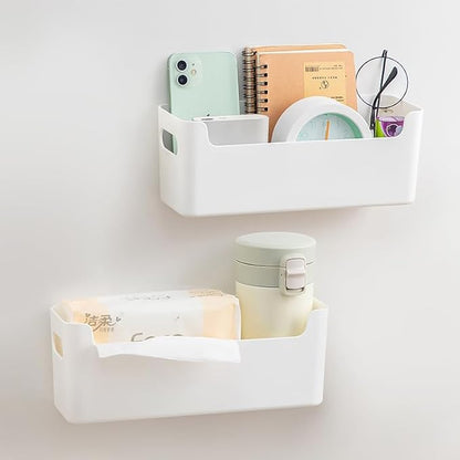 2 Pack Cabinet Organizer Storage, Adhesive Over Cabinet Door Organizer, No Drilling Space Saver Plastic Storage Containers Multi-Use for Kitchen Bathroom Office Bedroom, White