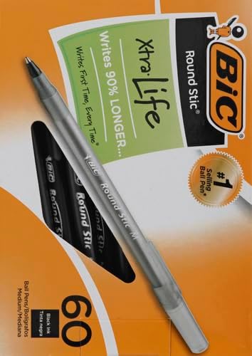 BIC Round Stic Xtra Life Ballpoint Pens, Medium Point (1.0mm), Black, 60-Count Pack, Flexible Round Barrel For Writing Comfort (GSM609-BLK) (Pack of 2)