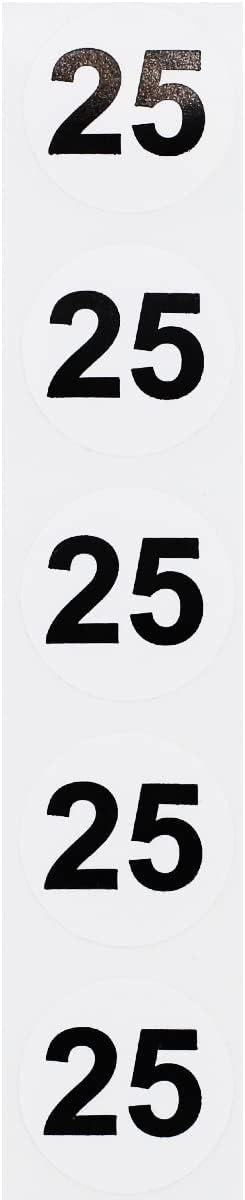 White with Black Number 25 Circle Dot Stickers, 3/4 Inch Round, 500 Labels on a Roll