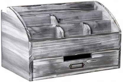 VERGOODR Rustic Wooden Office Desk Organizer 5 Compartment with 2 Drawer &Counter Home Tabletop Desktop Jewelry Mail Rack Storage Box for Pens Notebooks Folders Pencils (Grey white)