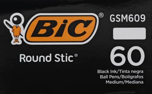 BIC Round Stic Xtra Life Ballpoint Pens, Medium Point (1.0mm), Black, 60-Count Pack, Flexible Round Barrel For Writing Comfort (GSM609-BLK) (Pack of 2)