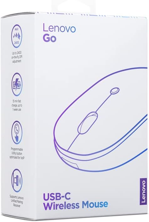 Lenovo Go USB-C Essential Wireless Mouse, 2.4 GHz Nano USB-C Receiver, Adjustable DPI, Rechargeable Battery, Ambidextrous, GY51C21210, Grey