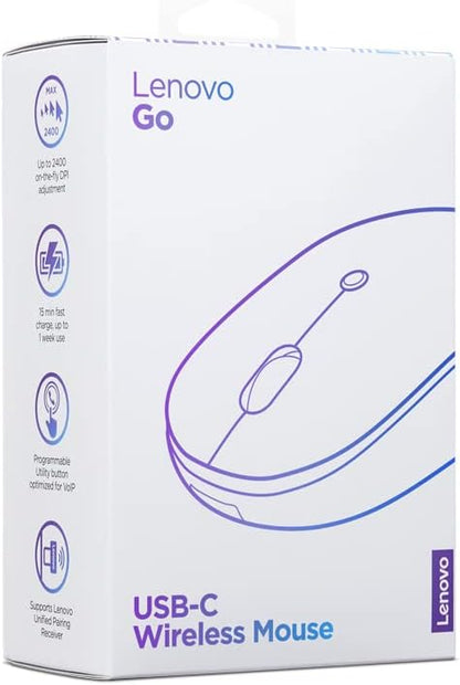 Lenovo Go USB-C Essential Wireless Mouse, 2.4 GHz Nano USB-C Receiver, Adjustable DPI, Rechargeable Battery, Ambidextrous, GY51C21210, Grey