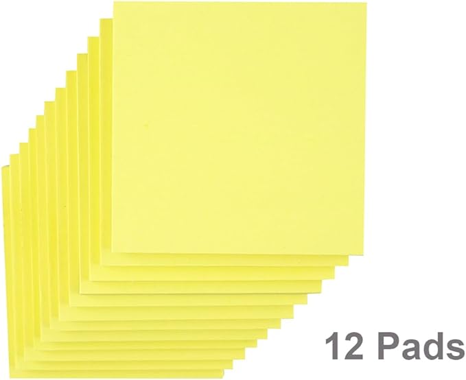 Sticky Notes 3x3 in Yellow, 12 Pads, Strong Adhesive, Clean Removal, Recyclable, Self-Stick Pads, Easy to Stick for Home, Office, Notebook