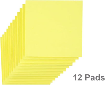 Sticky Notes 3x3 in Yellow, 12 Pads, Strong Adhesive, Clean Removal, Recyclable, Self-Stick Pads, Easy to Stick for Home, Office, Notebook