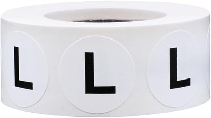 White Circle Large L Clothing Size Stickers - 3/4 Inch Round, 500 Adhesive Labels Per Roll for Retail Apparel, Clothing Organization, and Inventory - Made in The USA