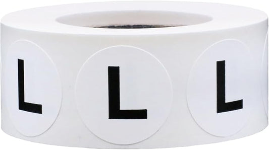 White Circle Large L Clothing Size Stickers - 3/4 Inch Round, 500 Adhesive Labels Per Roll for Retail Apparel, Clothing Organization, and Inventory - Made in The USA